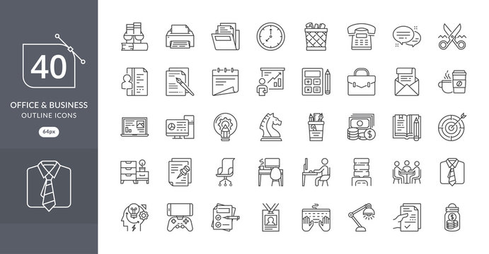 Business office icon set. Set of Business Office Related Vector Line Icons. Contains such Icons as Desk, Document, Clock, Folder, Printer, Task, money, and more. Office icons set - Vector