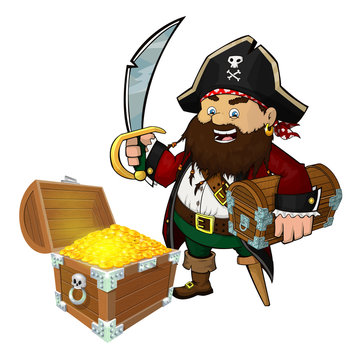 Cute pirate with a sword and treasure chest isolated on a white background. Eps 10