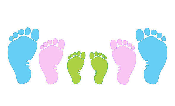 Three footprints - mom, dad and baby. The concept of family, love and care. Parenthood, motherhood, fatherhood. Vector illustration of a trace from the foot icon.