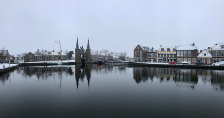 Fototapeta premium Panorama from the Watergate during winter in Sneek, The Netherlands