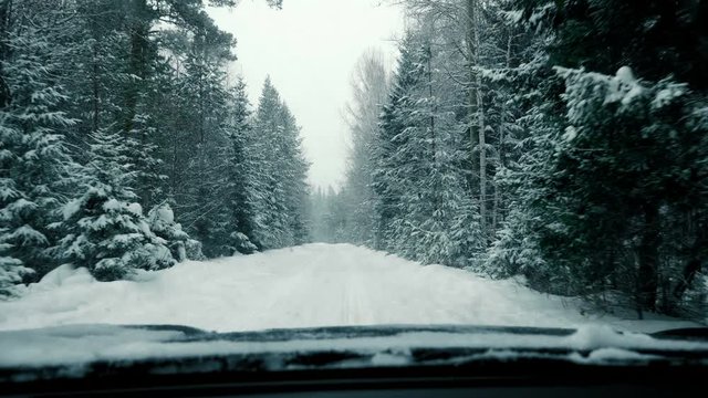 A car is driving along a snowy forest road in a snowfall. Winter time. View from the front window of the car.