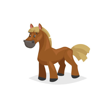 Cartoon horse standing. Brown horse with yellow gold mane. Farm purebred animal for kids education. Vector illustration isolated on white background.