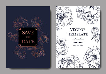 Vector Blue and golden peony botanical flower. Engraved ink art. Wedding background card floral decorative border. © LIGHTFIELD STUDIOS