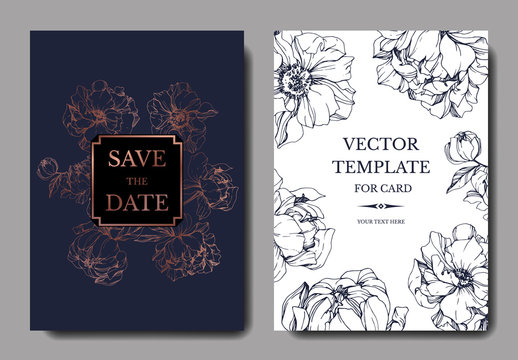 Vector Blue and golden peony botanical flower. Engraved ink art. Wedding background card floral decorative border.