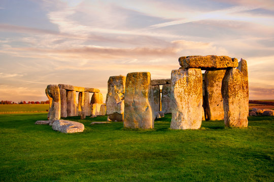 Close up view of Stonehenge monument. Sunset sky. United Kingdom.