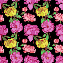 Vector Purple, pink and yellow peony floral botanical flower. Engraved ink art. Seamless background pattern.