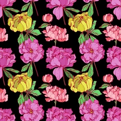 Fotobehang Vector Purple, pink and yellow peony floral botanical flower. Engraved ink art. Seamless background pattern. © LIGHTFIELD STUDIOS