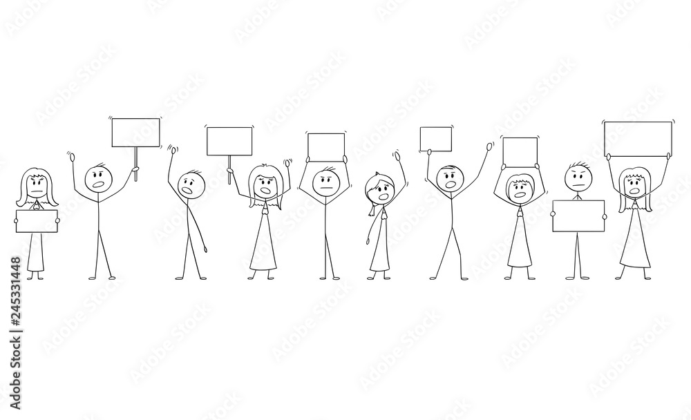 Poster cartoon stick figure isolated drawing or illustration of group or crowd of protesters protesting wit
