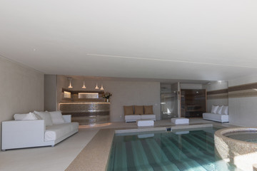 Indoor pool of private villa with lake view and bar area