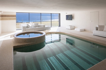 Indoor pool of private villa with lake view and bar area