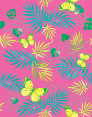 Fototapeta na wymiar Watercolor pattern in neon colors with yellow butterflies and blue tropical leaves on a bright pink background.