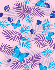 Fototapeta na wymiar Watercolor pattern in neon color with blue butterflies and purple tropical leaves.