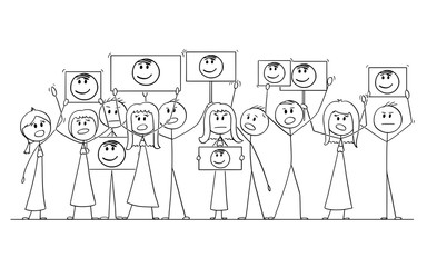 Cartoon stick figure drawing or illustration of group or crowd of protesters demonstrating with portrait of politician or leader on signs.