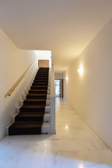 Staircase with carpet, gold handrail and marble corridor