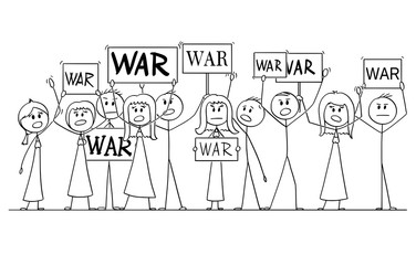Cartoon stick figure drawing or illustration of group or crowd of protesters demonstrating with War text on signs.