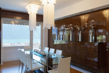 Living room with lacquered wood furniture and lake view window