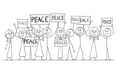 Cartoon stick figure drawing or illustration of group or crowd of protesters demonstrating with Peace text on signs.