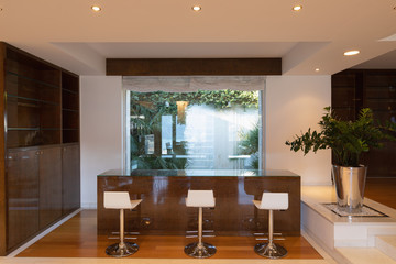 Living room with lacquered wood furniture and lake view window