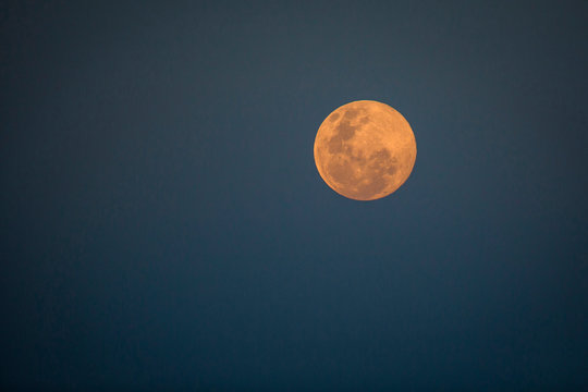 A full moon at dusk, orange-pink moon against dark-blue background