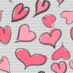 Abstract seamless pattern with hearts and polka dots background. Valentine hearts with hand draw