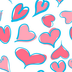 Abstract seamless pattern with blue and pink hearts. Valentine hearts with hand draw