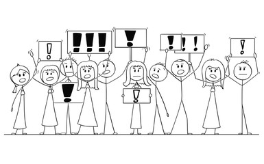 Cartoon stick figure isolated drawing or illustration of group or crowd of protesters protesting with exclamation mark or point on signs.