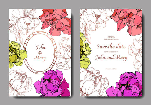 Vector Pink and yellow peony botanical flower. Engraved ink art. Wedding background card floral decorative border.