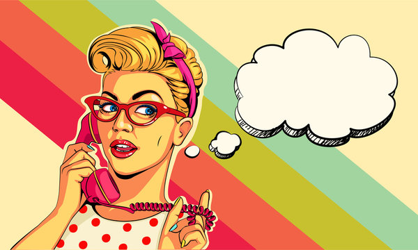 Beautiful pin up girl on telephone vector illustration in pop art style  Stock Vector | Adobe Stock