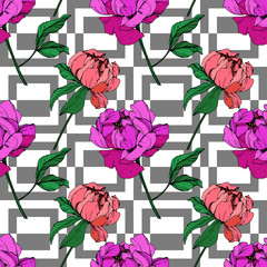 Vector Pink and purple peony floral botanical flower. Engraved ink art. Seamless background pattern.