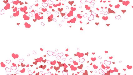 Red on White fond Vector. Happy background. Red hearts of confetti are flying. Design element for wallpaper, textiles, packaging, printing, holiday invitation for Valentine's Day.