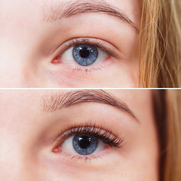 Macro Photo Of Female Eye Before And After Eyelash Extension. Close Up