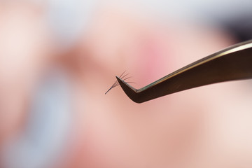 Master of eyelash extensions holds tweezers with a bundle of artificial eyelashes. Close up