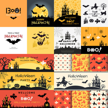 Digital vector yellow black happy halloween icons