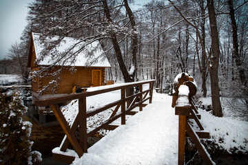 Cabin house home lodge Plitvice lakes of Croatia (Hrvatska) - national park in winter  forest trees
