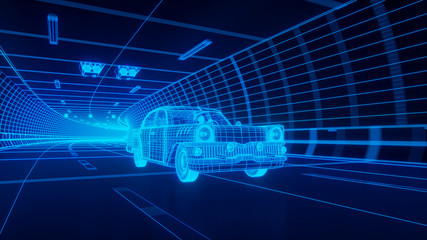 Blue wireframe Oldstyle classic car rides through Blue tunnel 3d rendering