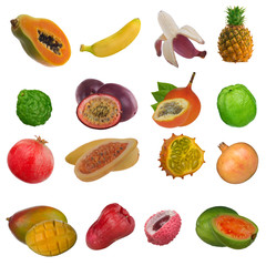 set of tropical fruits isolated on white