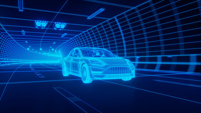 Blue Wireframe Modern Electric Car Rides Through Blue Tunnel 3d Rendering