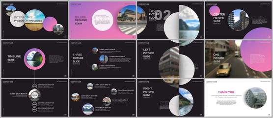 Minimal presentations design, portfolio vector templates with pink colorful circle elements on black background. Multipurpose template for presentation slide, flyer leaflet, brochure cover, report.