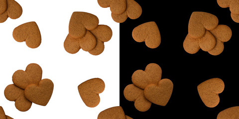 Set of two seamless patterns heart shaped cookies on black and white background. Traditional Christmas cookies in Norway, Sweden, Denmark, Iceland, Estonia, Latvia. The concept of printed and textile