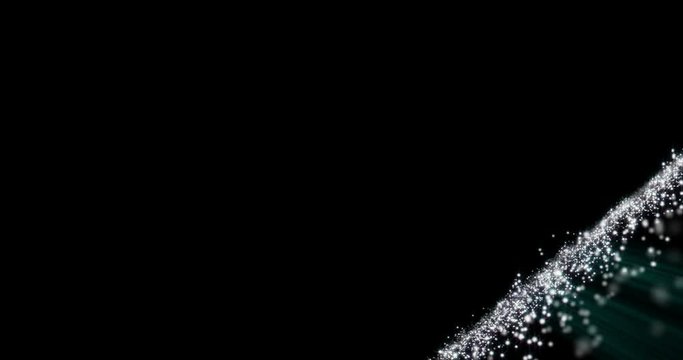 Grid of Dots sparkly and glowing moving and shiny on black background. Cloud of dust moving from order to chaos and disperse dots from a grid