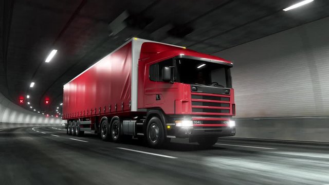 Trailer truck rides through tunnel 3d rendering