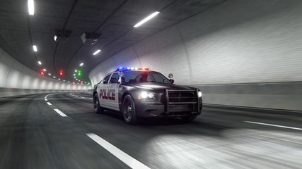 Plakat Police car rides through tunnel 3d rendering