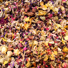 Dried medicinal herbs, background.