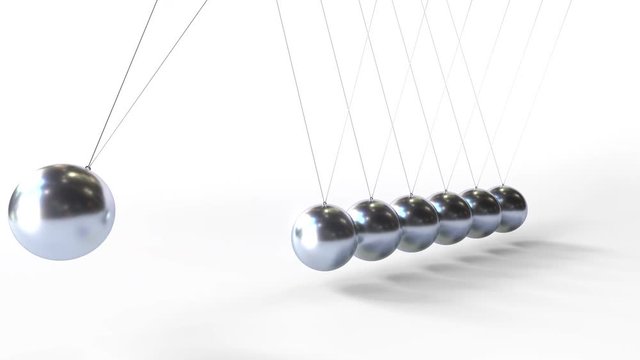 Swinging metal spheres of Newton's cradle. Physics related loopable 3D animation