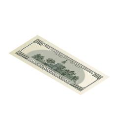 One hundred USA dollars banknote, back side coupure in isometric view on white
