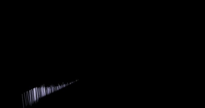Abstract colored particle system with trails on movement. Waves of dust in black space with sphere in different sizes that dynamics grows from left bottom. Wave signal with peaks