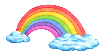 Rainbow and fluffy blue clouds. Cute cartoon, hand painted watercolor clip art weather element isolated on white background.