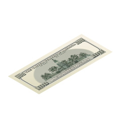 One hundred USA dollars banknote, back side detailed coupure in isometric view on white