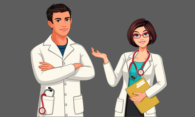 Beautiful young male and female doctors vector illustration