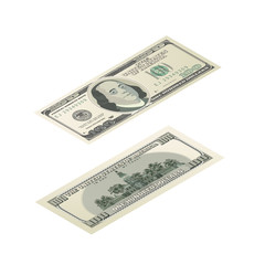 One hundred USA dollars banknote, front and back detailed coupure in isometric view on white